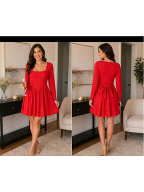 Women's OYS Red Long Sleeve Mini Dress with Tie Back, Size L